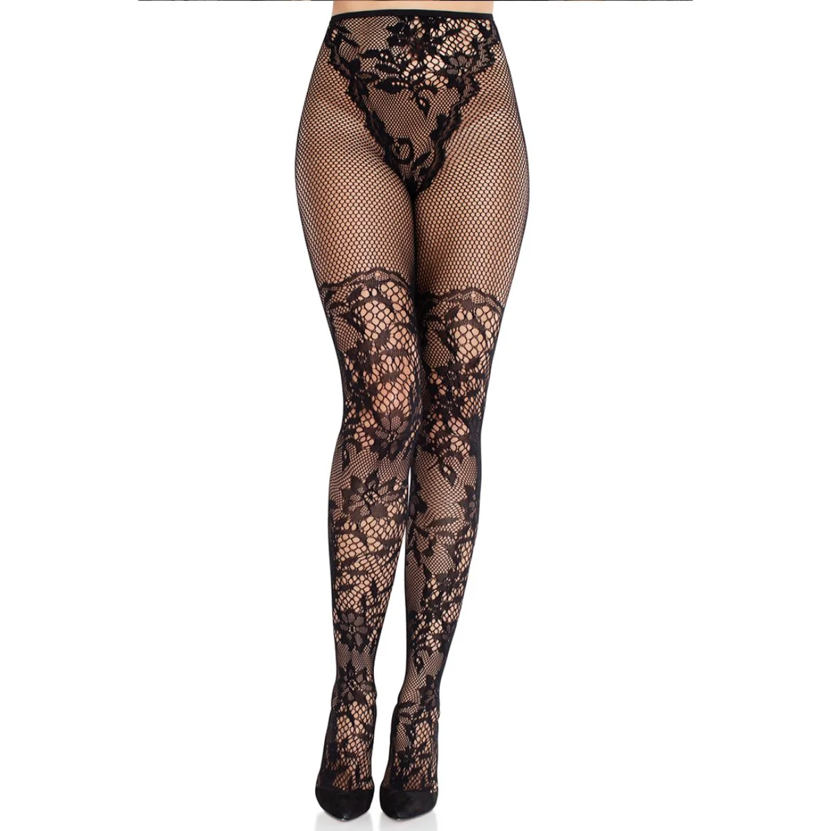 Leg Avenue - Dahlia Lace Tights Net Detail - Zwart